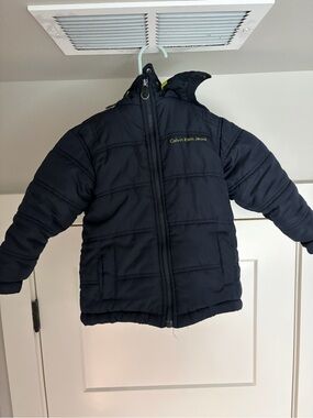 Calvin Klein Jeans Kids Navy Puffer Coat with Lime Accent
